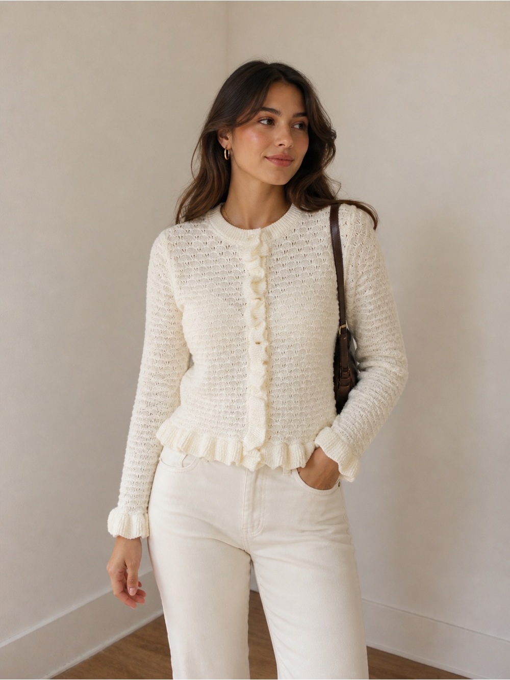 Zara Cream Ruffle-Front Knit Cardigan